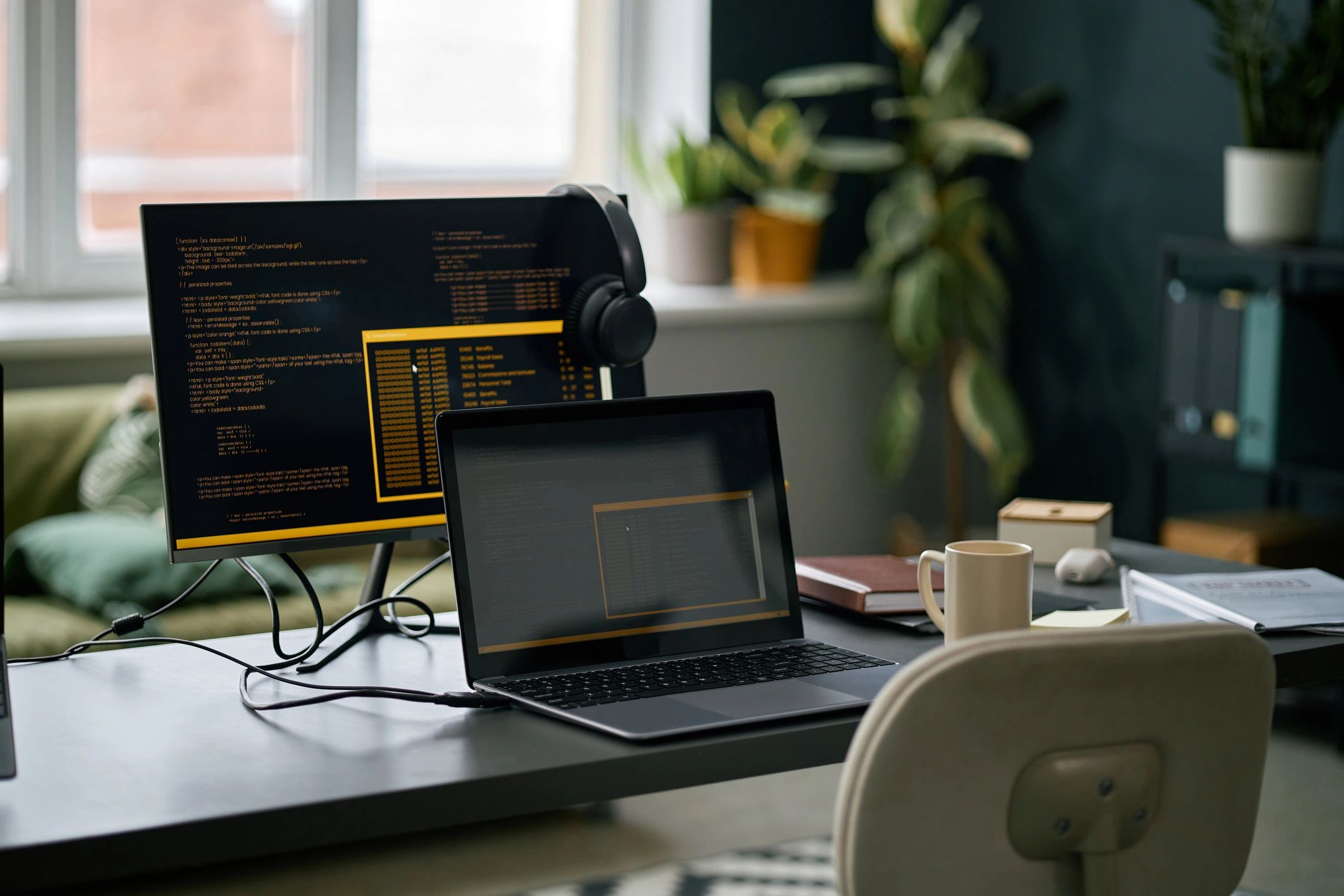 Espacio de trabajo moderno con pantallas mostrando código y herramientas de desarrollo